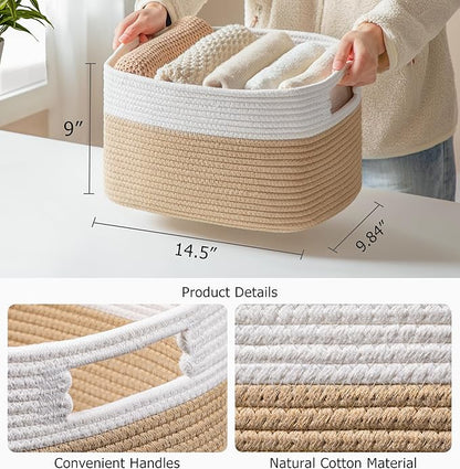 UBBCARE 4 Pack Storage Baskets for Organizing, Shelf Baskets with Handles, Woven Storage Baskets for Bookcase/Cube Shelf/Closet, 14.5"L x 9.8"W x 9"H, White&Brown