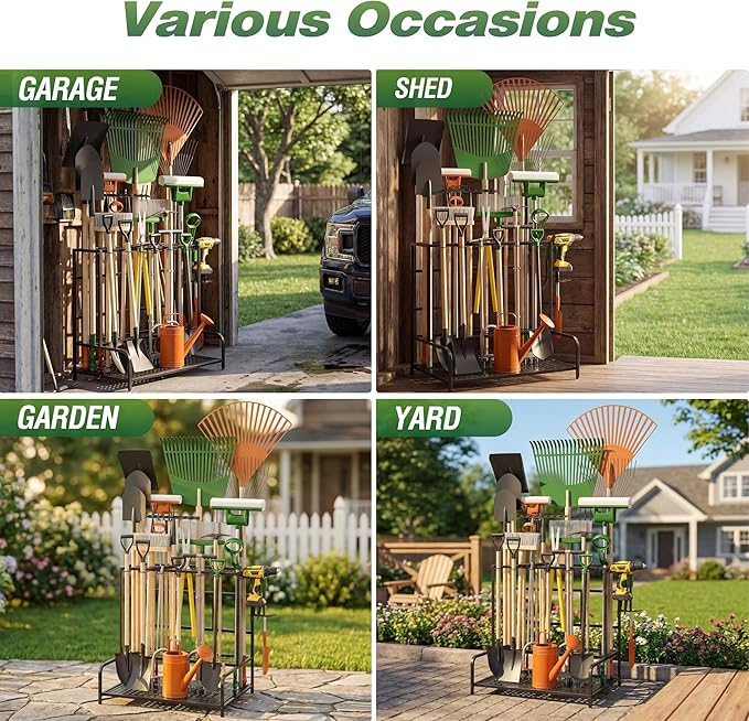 Sttoraboks Garden Tool Organizer Rack Up to 39 Tools, Heavy-Duty Steel Yard Tool Organizer for Garage Storage with 12 Hooks, Broom Holder & Garden Tool Rack for Shed, Patio, Outdoor Storage, Black