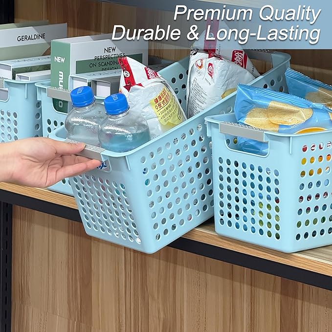 Soddeph Slim Plastic Storage Basket with Handles, Narrow Organizer box for Shelves, Organizer box for Organizing, Kitchen,Home,Office (Blue, Medium)