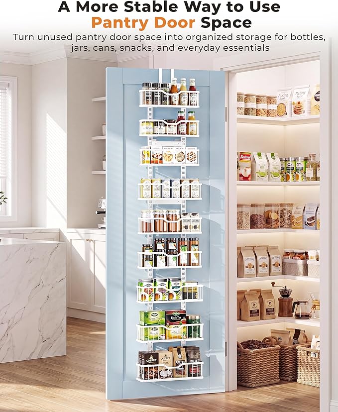 EVERIE Over the Door Pantry Organizer, 9-Tier Heavy Duty Door Storage Rack with Solid Bottom Baskets, Stable No-Bumping Design, Adjustable Hanging Shelves for Kitchen Pantry