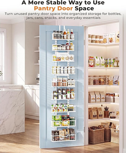 EVERIE Over the Door Pantry Organizer, 9-Tier Heavy Duty Door Storage Rack with Solid Bottom Baskets, Stable No-Bumping Design, Adjustable Hanging Shelves for Kitchen Pantry