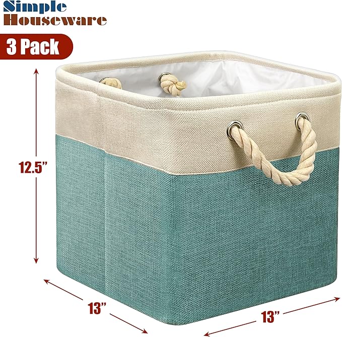 Simple Houseware 13" x 13" Large Fabric Storage Cubes for Closet and Cube Organizer, 3 Pack, Turquoise