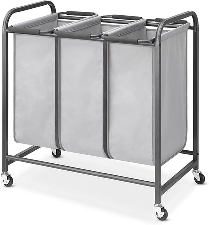 Whitmor Triple Laundry Sorter - 3 Removable Bags with Easy-Grip Handles - Rolling Laundry Sorter - Grey