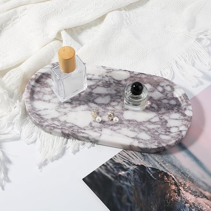 Koville Real Luxurious Natural Marble Vanity Tray, 10"x5" Calacatta Viola Marble Catchall Tray for Bathroom, Stone Perfume Trays Jewelry Dish for Dresser, Genuine Stone Storage Tray for Home Decor