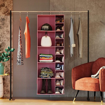 Closet Organizers and Storage Shelves, 15 Sections Hanging Shoe Closet Storage Organizer, Space-Saving Shoe Rack Holder Hanger, Pink