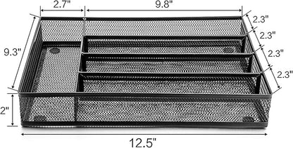 LIANYU Silverware Utensil Drawer Organizer, 5 Compartments Steel Mesh Cutlery Flatware Tray with Foam Feet, 9 1/4" W x 12 1/2" L x 2" H, Black