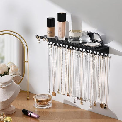 Necklace Holder Wall Hanging Organizer: Wall Mounted Jewelry Shelf with 56 Hooks and Tray, Display Hanger for Kids, Girls and Women, Black & Metal