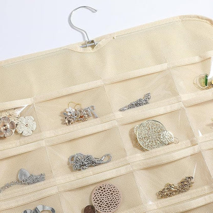 4 Pack Hanging Jewelry Organizer with 80 Clear Pockets, Double-Sided Hanger for Closet Door Wall, Beige Jewelry Holder for Earrings, Necklaces, Bracelets