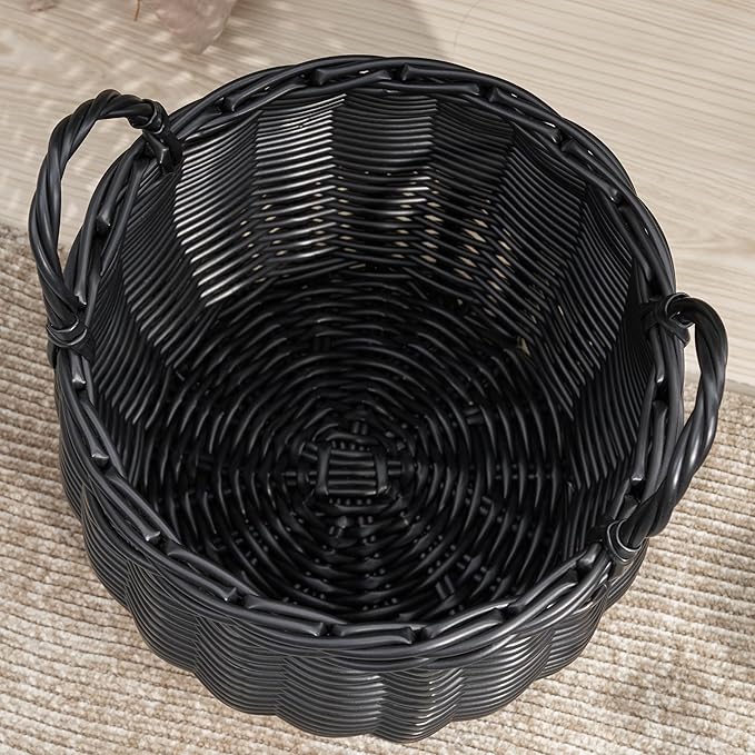 Isidore Round Resin Woven Basket with Handles | Multi-Purpose Organizer for Halloween & Thanksgiving Storage, Laundry, and More (13" x 13" x 10.2" - Black)