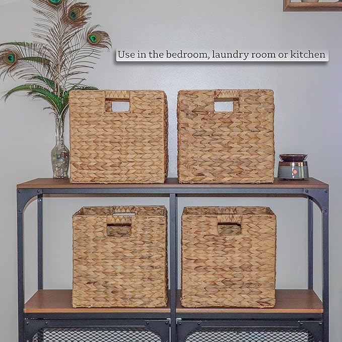 Trademark Innovations Foldable Hyacinth Storage Baskets with Iron Wire Frame (Set of 4)