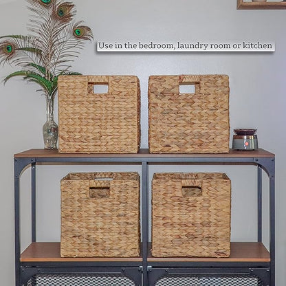 Trademark Innovations Foldable Hyacinth Storage Baskets with Iron Wire Frame (Set of 4)