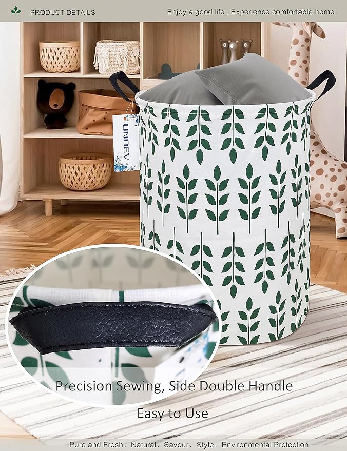 Round Waterproof Laundry Basket,Foldable Storage Basket,Laundry Hampers with Handle,Gift Basket,Suitable For Children's Room and Toy Storage (Leaf)