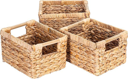 Small Wicker Baskets for Organizing Bathroom, Hyacinth Baskets for Storage, Wicker Storage Basket with Wooden Handle, Decorative Small Basket 10 x 7.5 x 6.3 inches - 3 Pack