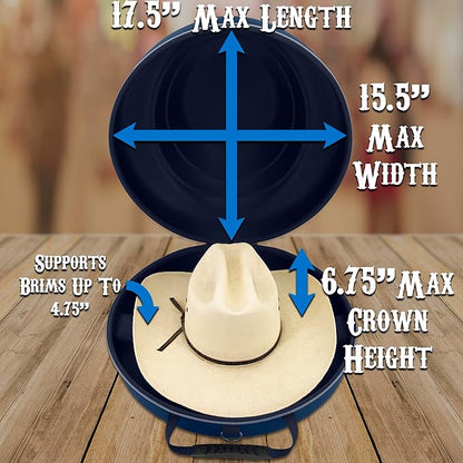 CASEMATIX Cowboy Hat Box and Portable Cowboy Hat Storage for Brims Up To 4.75" - Hard Shell Cowboy Hat Case with Carry Strap, ID Slot and Foam Insert for Dipping Brims, Blue