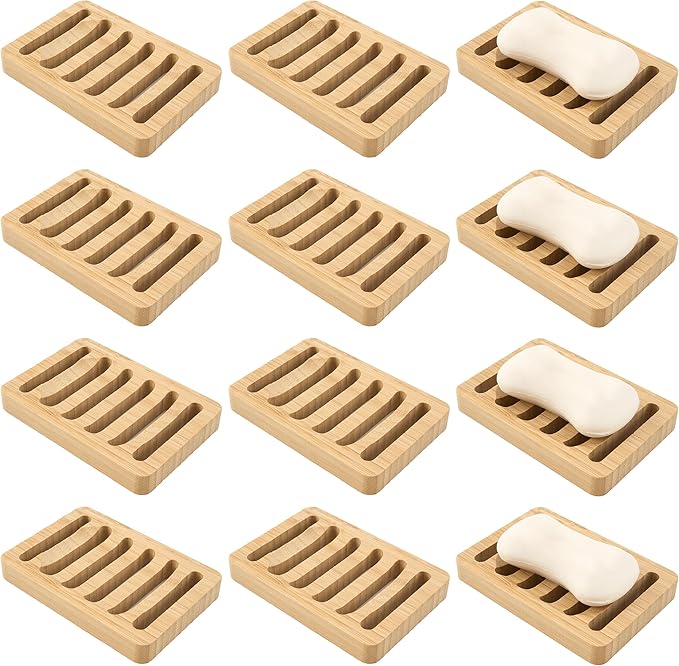 Soap Dish for Shower, 12 Pack Natural Bamboo Bar Soap Holder, Anti-Slip Design for Peace of Mind, Natural and Healthy