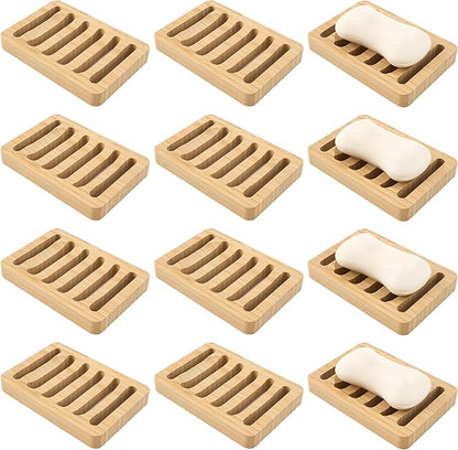 Soap Dish for Shower, 12 Pack Natural Bamboo Bar Soap Holder, Anti-Slip Design for Peace of Mind, Natural and Healthy