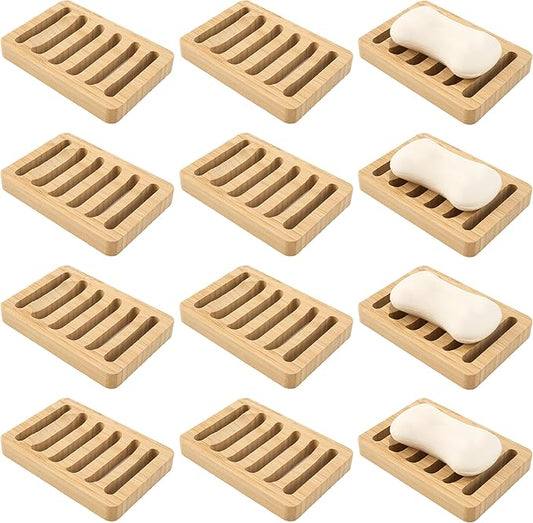 Soap Dish for Shower, 12 Pack Natural Bamboo Bar Soap Holder, Anti-Slip Design for Peace of Mind, Natural and Healthy
