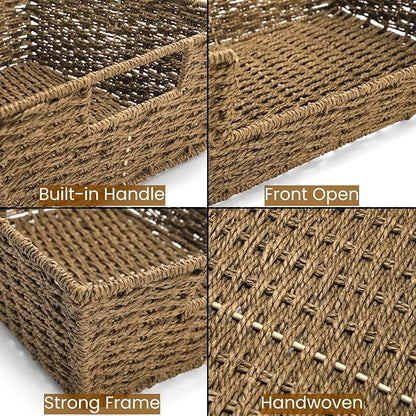 2 Pack Open Front Storage Baskets, Brown Paper Rope Woven Basket with Built-in Handles, 13''W x 10.6''D x 4.7''H Pantry Organzier Bins for Shelf, Bedroom, Living Room, Pantry