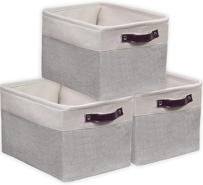 Simple Houseware 15" x 11" Large Fabric Storage Bin for Closet and Shelves, Leather Like Handles, 3 Pack, Gray