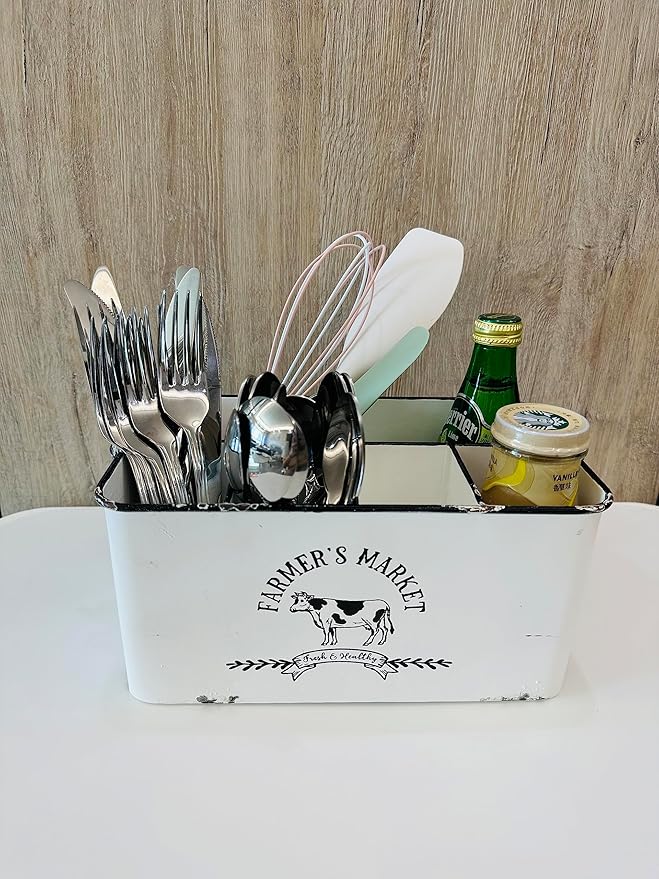 Distressed White Rustic Metal Silverware Caddy Utensil Holder with 6 Compartments & Napkin Slot – Portable for Parties, Picnics, Countertop & Kitchen