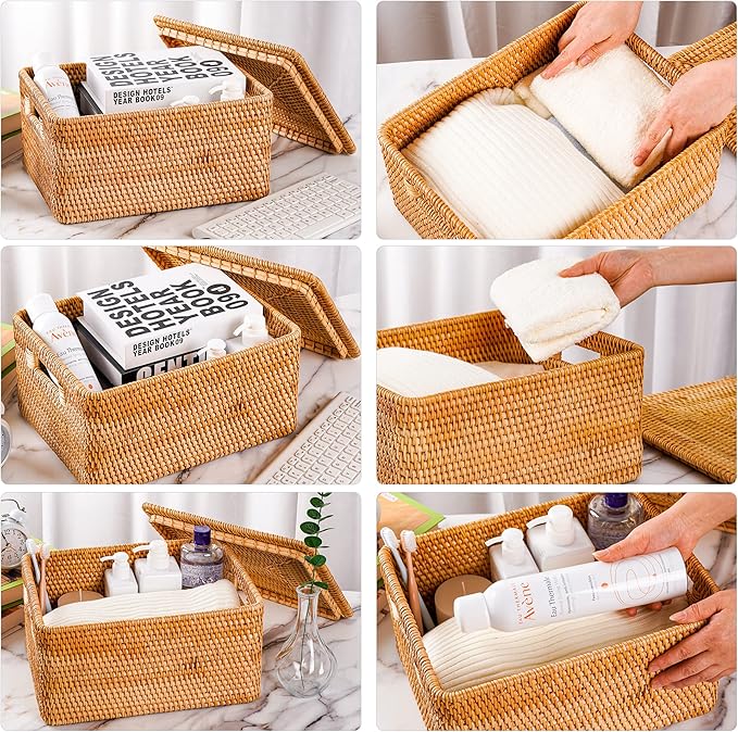Rattan Basket With Lid, Large Lidded Basket For Storage(15.75" L×14.17" W×11.81" H)