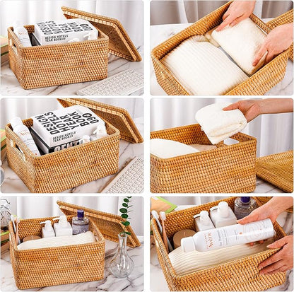 Rattan Basket With Lid, Large Lidded Basket For Storage(15.75" L×14.17" W×11.81" H)