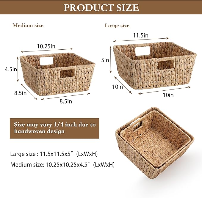 Square Water Hyacinth Storage Baskets Set of 2, Woven Basket for Christmas Gifts Empty, Handwoven Wicker Baskets Organizers with Handles for Pantry, Living Room，Shelf & Home Decor,Medium