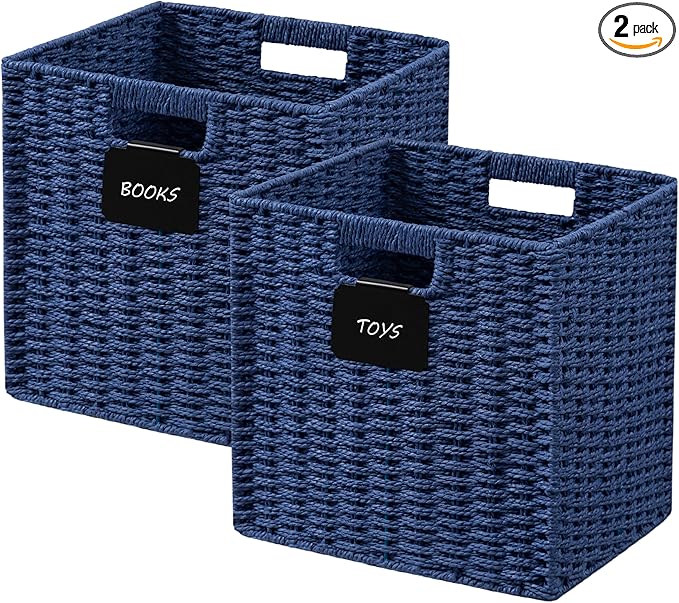 UBBCARE 2 Pack Wicker Basket, 10.5×10.5 Storage Cubes with Label, Foldable Cube Storage Bin with Handle, Square Storage Basket for Shelves, Woven Paper Rope Basket for Organizing, Blue