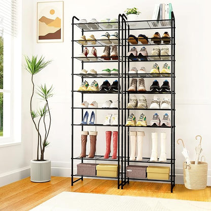 Ekisemio-10 Tiers Tall Shoe Rack Organizer for 20 Pairs Shoes, Expandable & Adjustable Shoe Storage Shelf, Wire Grid, Black