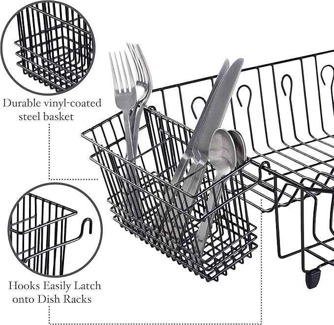 Kitchen Details Cutlery Basket | Hanging | Attach to Standard Dish Drying Rack | Utensil Caddy | Vinyl Coated | 3 Compartment | Black