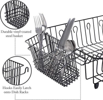 Kitchen Details Cutlery Basket | Hanging | Attach to Standard Dish Drying Rack | Utensil Caddy | Vinyl Coated | 3 Compartment | Black