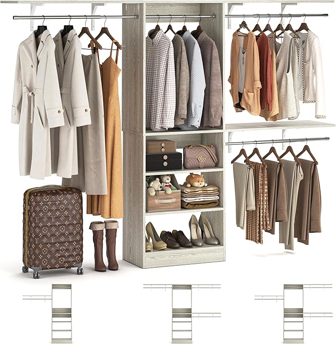 iSunirm 8FT Closet System with Shelves, 96'' Closet Organizer System with 3 Hanging Rods, Wall Mount Bedroom Wardrobe Walk-in Closet, Adjustable Cloth Garment Rack from 5 to 8FT(Cut to Fit), White Oak