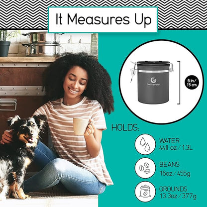 Coffee Gator Coffee Canister, 2pack 16oz Airtight Stainless Steel Kitchen Food Storage Container with Date Tracker, Scoop for Grounds Coffee Bar Accessories, Beans, Tea, Sugar, Flour - Gray&Silver