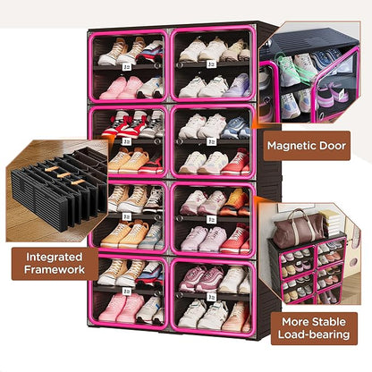 Vipbox No Assembly 8 Tier Collapsible Shoe Rack, 32 Pairs Foldable Shoe Storage Cabinet with Doors, Large Shoe Organizer for Closet, Black & Rose Red