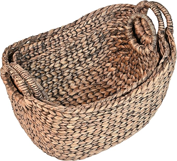 happimess BSK2002B-3SET Nellie Farmhouse Classic Handwoven Hyacinth Boat Wicker Storage Baskets with Handles, Brown (Set of 3), Seagrass Containers for Decoration in Living Room, Bedroom