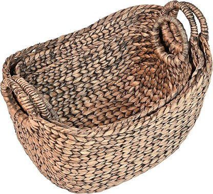 happimess BSK2002B-3SET Nellie Farmhouse Classic Handwoven Hyacinth Boat Wicker Storage Baskets with Handles, Brown (Set of 3), Seagrass Containers for Decoration in Living Room, Bedroom