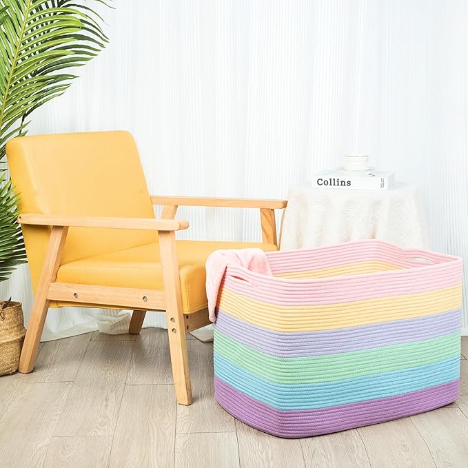 MINTWOOD Design 112L Extra Large Blanket Basket Holder Living Room, 25"x17"x16" Rectangle Rope Woven Storage Basket with Handles for Laundry, Towels, Shoes, Dog Toy Organizer Bin Box, Pastel Rainbow