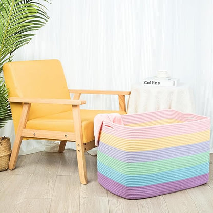 MINTWOOD Design 112L Extra Large Blanket Basket Holder Living Room, 25"x17"x16" Rectangle Rope Woven Storage Basket with Handles for Laundry, Towels, Shoes, Dog Toy Organizer Bin Box, Pastel Rainbow
