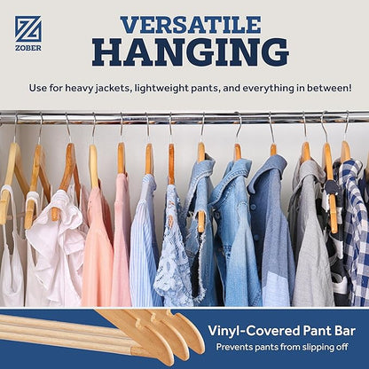 Wooden Hangers - Heavy Duty, Non Slip Wood Hangers for Coats, Jackets, Suits, & Pants - Clothes Hangers for Closet W/Bar and Notches (Natural, 10 Pack)