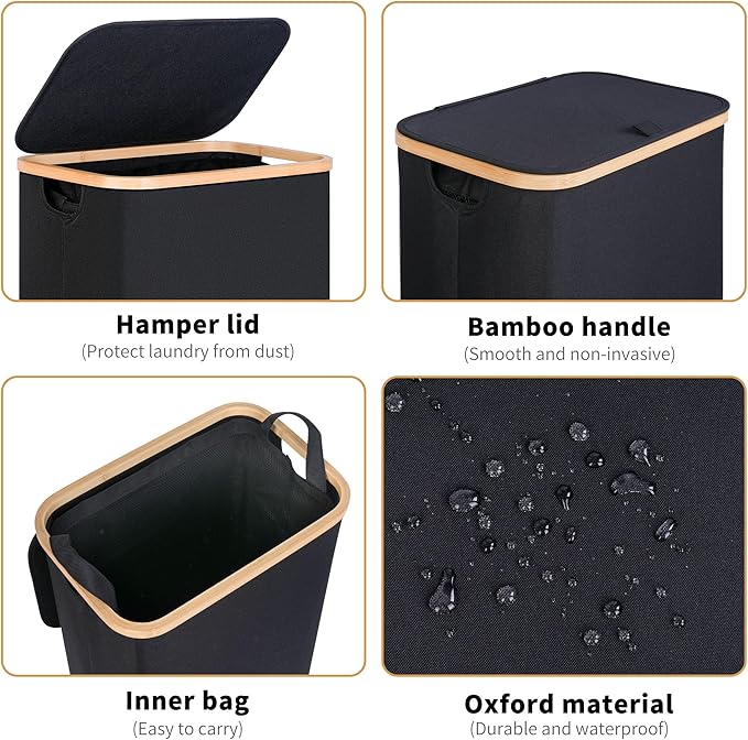 iEGrow 75L Slim Laundry Hamper, Narrow Laundry Basket with Lid,Foldable Clothes Hamper with Bamboo Handles,Hamper Basket with Removable Inner Bag for Laundry Room Bedroom College Dorm,19.8 Gals Black