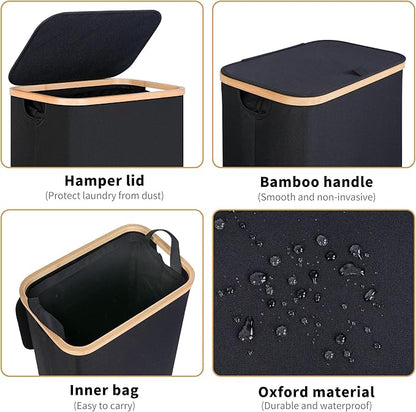 iEGrow 75L Slim Laundry Hamper, Narrow Laundry Basket with Lid,Foldable Clothes Hamper with Bamboo Handles,Hamper Basket with Removable Inner Bag for Laundry Room Bedroom College Dorm,19.8 Gals Black