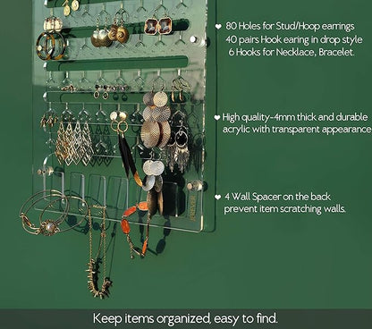 Earring Holder for Wall Hanging Jewelry Organizer Display Acrylic Hanger Rack with 96 Holes, 6 Hooks for Necklaces, Bracelets (Accessories are not included)