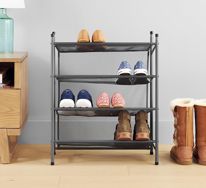 Whitmor Metal & Mesh 4-Tier Shoe Rack, Store up to 12 Pairs of Shoes, Stackable, 9" L x 21.6" W x 27" H, Gunmetal