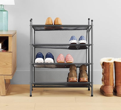 Whitmor Metal & Mesh 4-Tier Shoe Rack, Store up to 12 Pairs of Shoes, Stackable, 9" L x 21.6" W x 27" H, Gunmetal