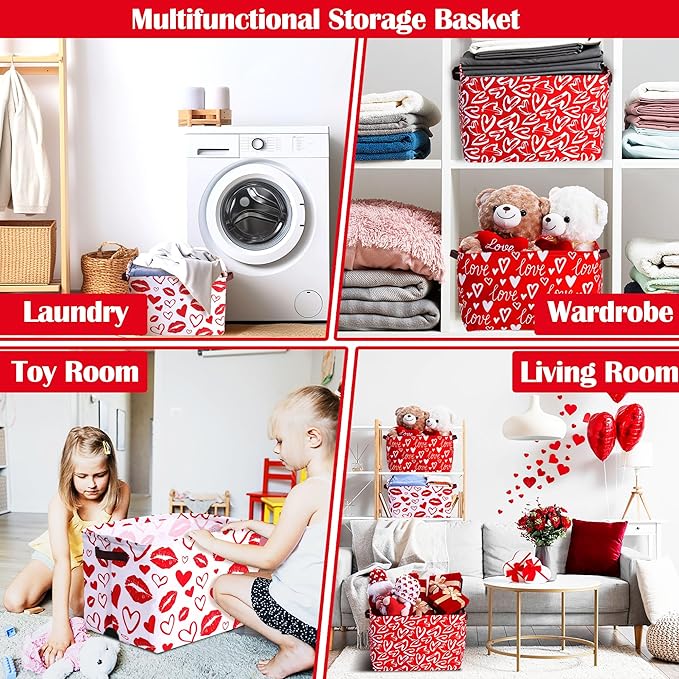 Geelin 3 Pcs Valentines Day Storage Baskets Red and White Heart Valentines Basket for Gifts Collapsible Waterproof Canvas Bin Organizer with Handles for Book Closet Shelf Nursery Decor