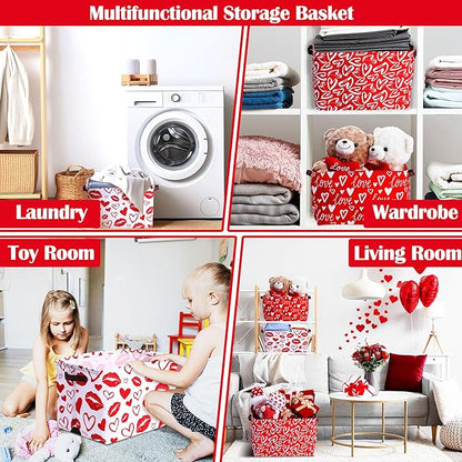 Geelin 3 Pcs Valentines Day Storage Baskets Red and White Heart Valentines Basket for Gifts Collapsible Waterproof Canvas Bin Organizer with Handles for Book Closet Shelf Nursery Decor