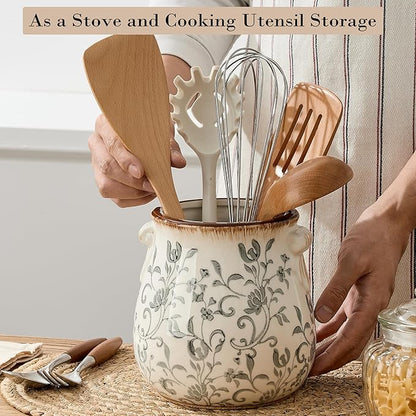 Utensil Holder for Kitchen Counter, Modern Farmhouse Rustic Cooking Utensil Holder and Crock, Exquisite Chinoiserie Floral Ceramic Utensil Organizer for Home Kitchen Decor- Gray Flower Patterns