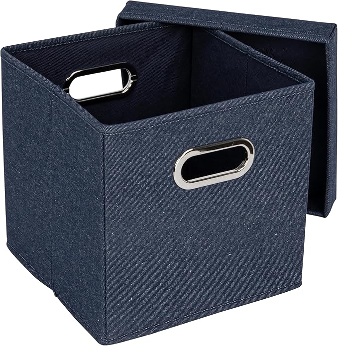 Household Essentials Collapsible Cotton Blend Cube Storage Box with Lid and Metal Grommet Handle, Set of 2, Denim
