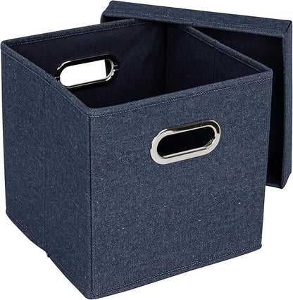Household Essentials Collapsible Cotton Blend Cube Storage Box with Lid and Metal Grommet Handle, Set of 2, Denim
