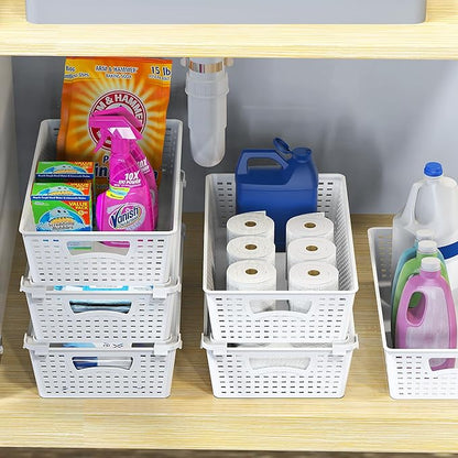 Simple Houseware Plastic Stackable Storage Basket Pantry Organizer, 6 Pack, 14.5" x 8.5" x 3.5", White